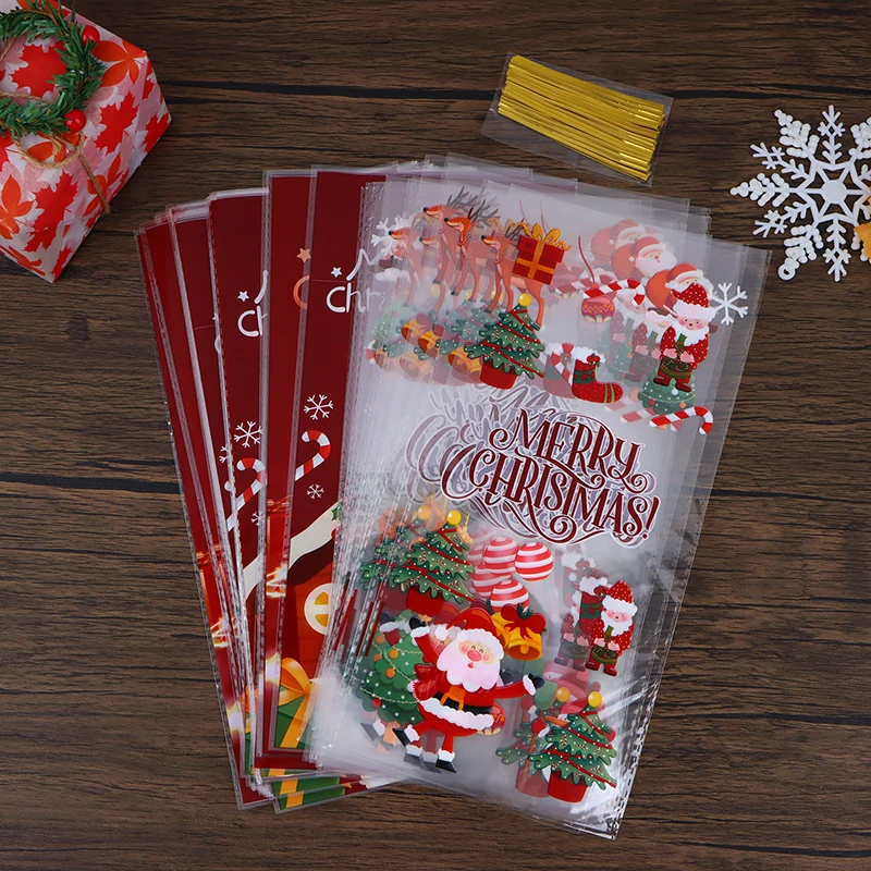 50Pcs Christmas Candy Gift Packaging Bag With Ribbon Ties Cookies Baking Xmas Plastic Bags Kids Party Favors Wrapping Bags