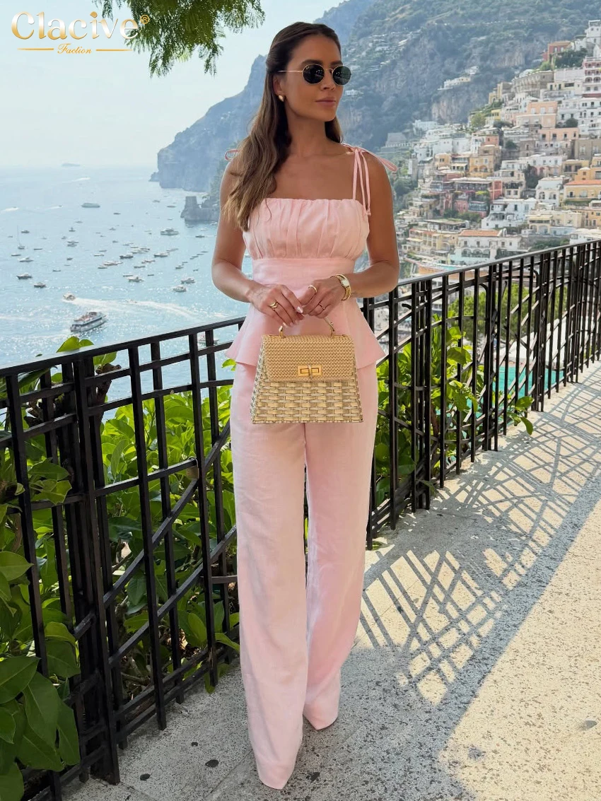 

Clacive Summer Slim Pink Cotton 2 Pieces Set Women 2026 Sexy Sleeveless Tank Top With High Waist Wide Pants Set Female Clothing
