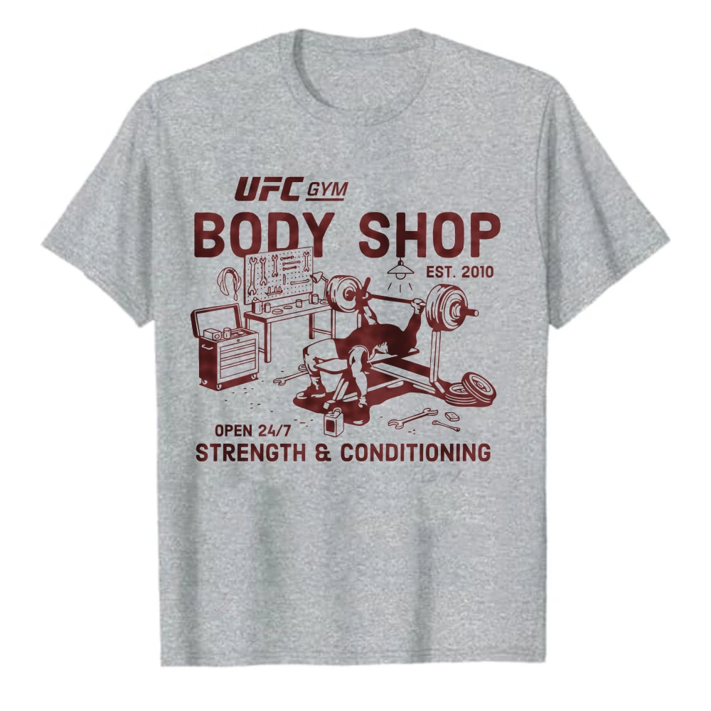 Wrestle Gym Body Shop Bench Press Workout Vintage Garage Print T-Shirt Men Fitness MMA Weightlifting Crew Neck White Casual Tee