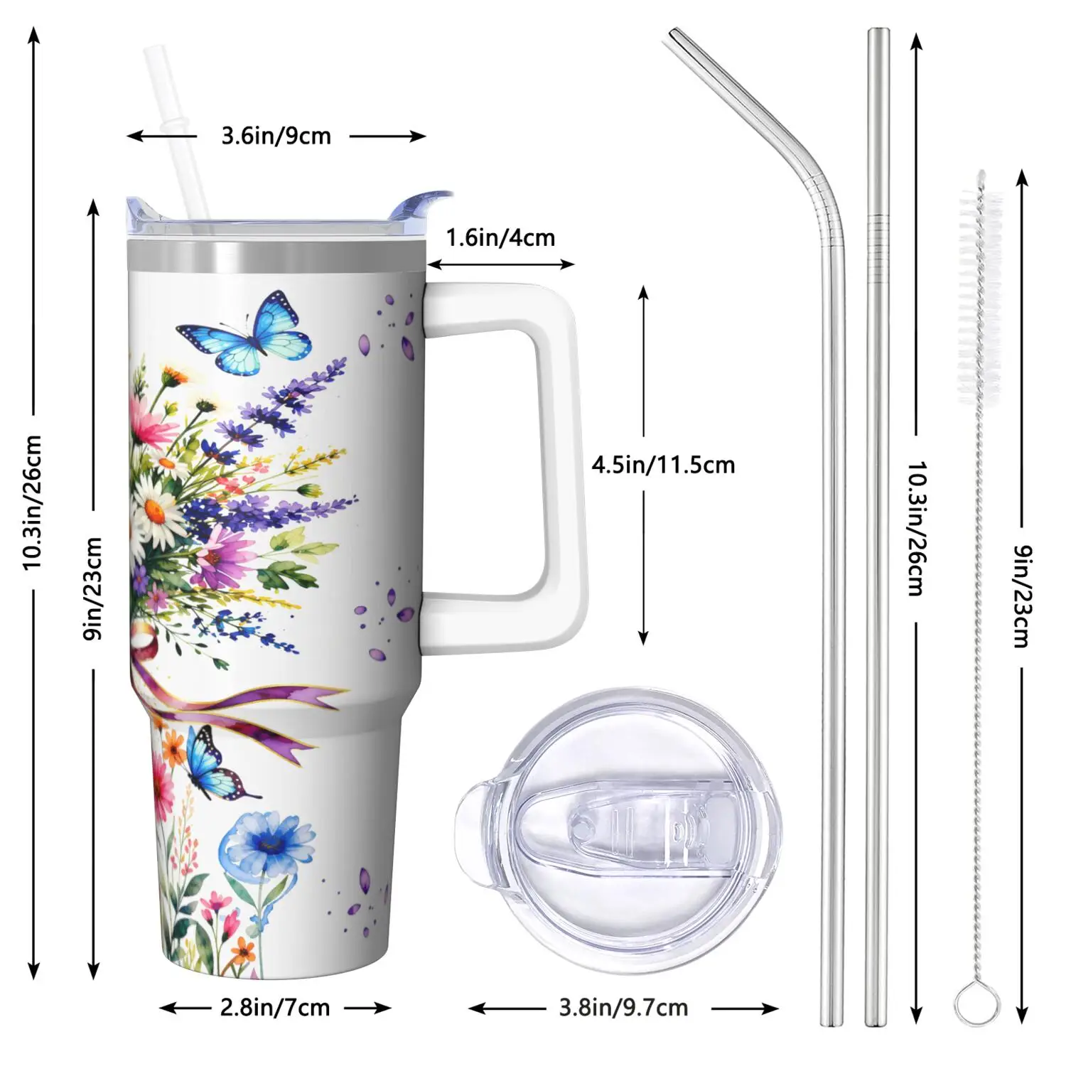 Flower30oz Handle Cup Set with Straw, Made of Stainless Steel and PC Material, Durable and Odorless, Lightweight and Portable, Simple and Fashionable, More Reassuring When Traveling, Suitable for Home, Office, Travel and Fitness