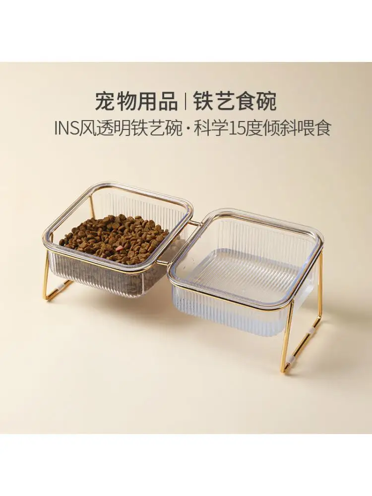 

New Transparent High-footed Double Bowl Oblique Mouth Guard Cervical Vertebra Drinking Water Cat Food Basin