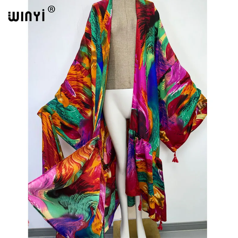 2022 WINYI autumn Women kimono fashion elegant Vintage printing boho caftan Waist seal abaya Dress long Sleeve Casual caot