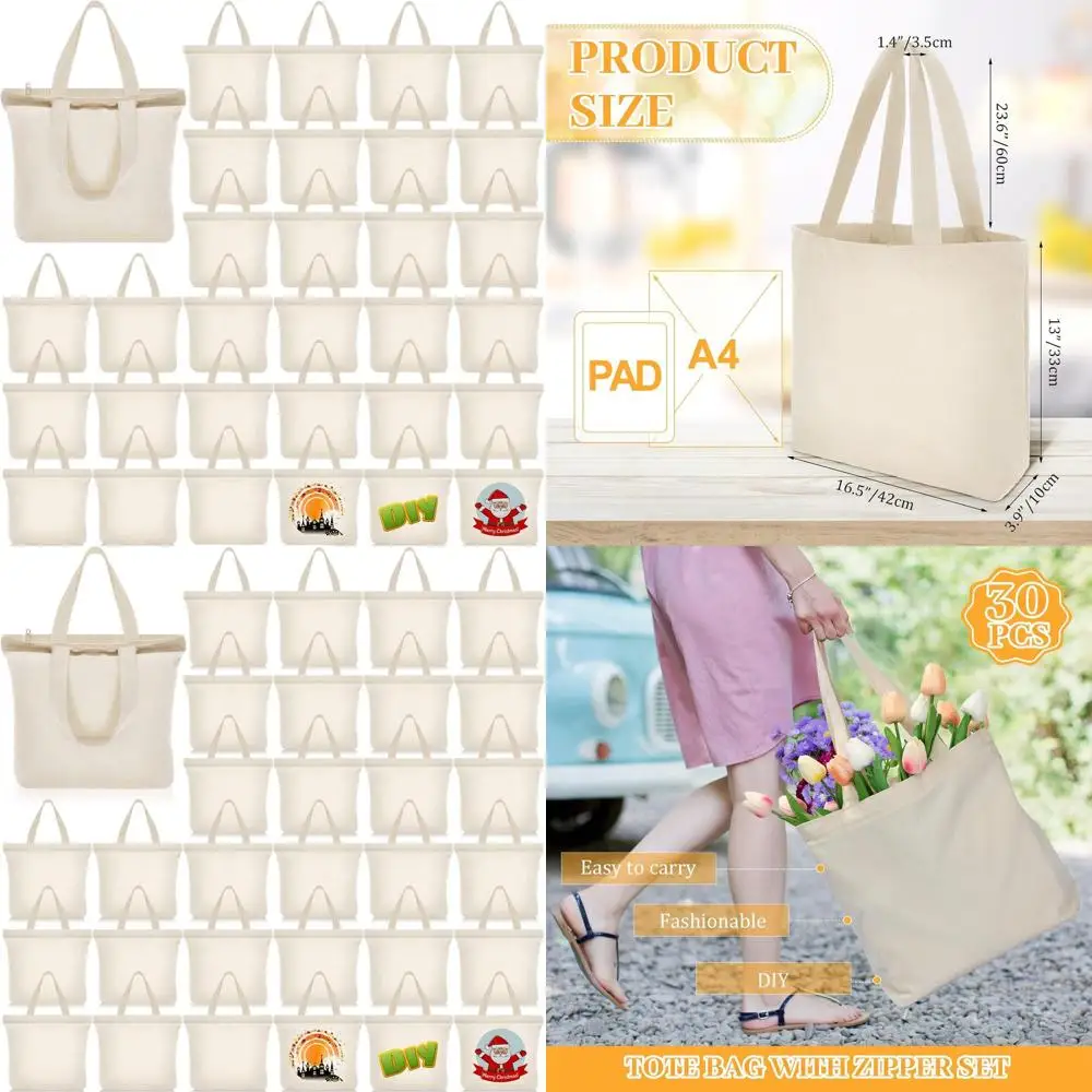 

Набор из 30 холщовых сумок-тоут, 16,5x13,4 дюйма, с ручками на молнии, многоразовые хлопковые сумки для продуктов, косметики, рукоделия (бежевый)