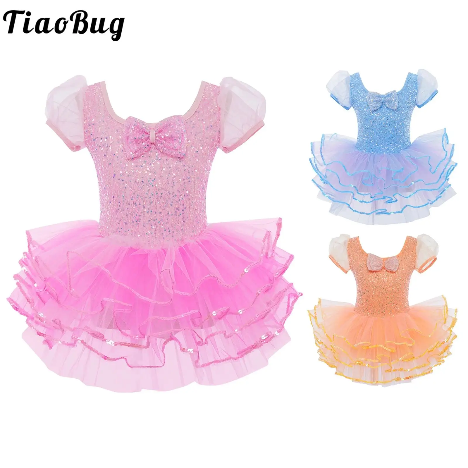 

Teen Girls Sequins Ballet Dance Tutu Dress Puff Sleeves Bow Mesh Layered Leotard Ballerina Gymnastic Skating Performance Costume
