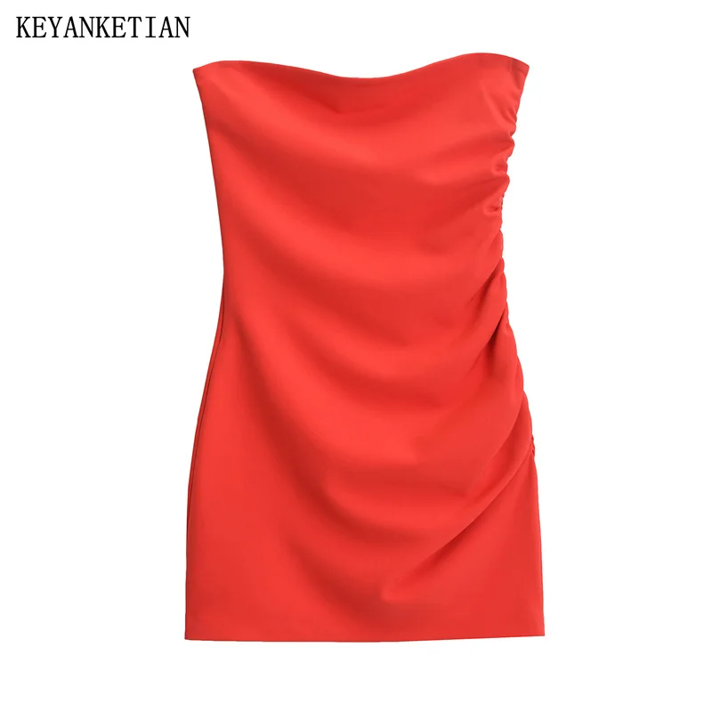 

KEYANKETIAN New Launch Women's Pleats Decoration Strapless Dress Fashion Sexy Slash neck Backless Slim Package Hip Skirt Female