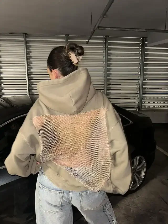 Sudadera con capucha gótica americana para mujer, ropa Sexy de malla hueca Y2K, jersey translúcido a la moda, sudadera informal de manga larga