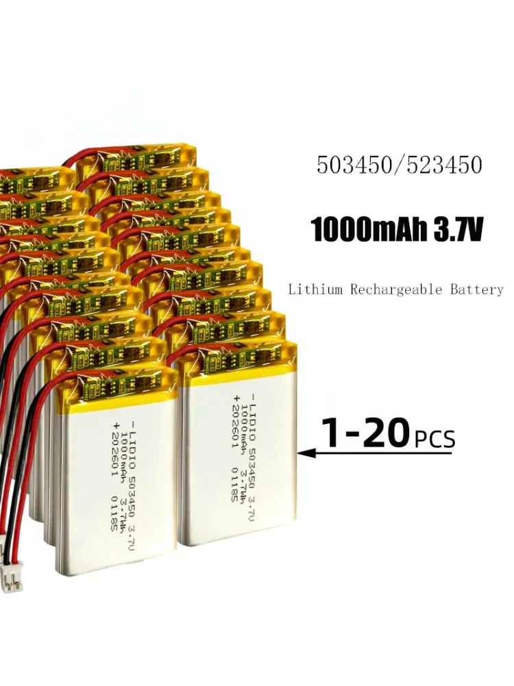 503450/523450 1000mAh 3,7V Polymer-Lithium-Akku, wiederaufladbar, PH2.0-Stecker für PS4, Kameras, GPS, Bluetooth-Lautsprecher, 3,7V-Akkus