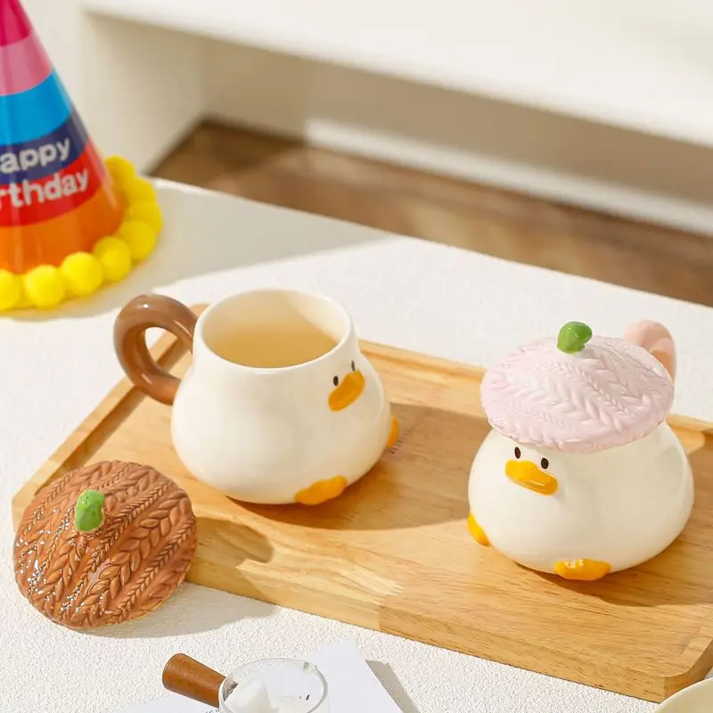 Cartoon Cute Little Yellow Duck Ceramic Mug With Cute Cap Creative Coffee Cup Breakfast Cup Can Be Heated By Microwave Oven