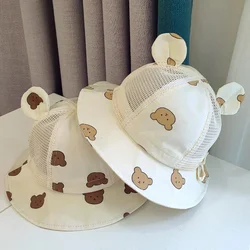 Cute Bear Baby Bucket Hat with Ears Boys Girls Cartoon Cotton Mesh Breathable Sun Hat Kids Outdoor Summer Child Panama Cap