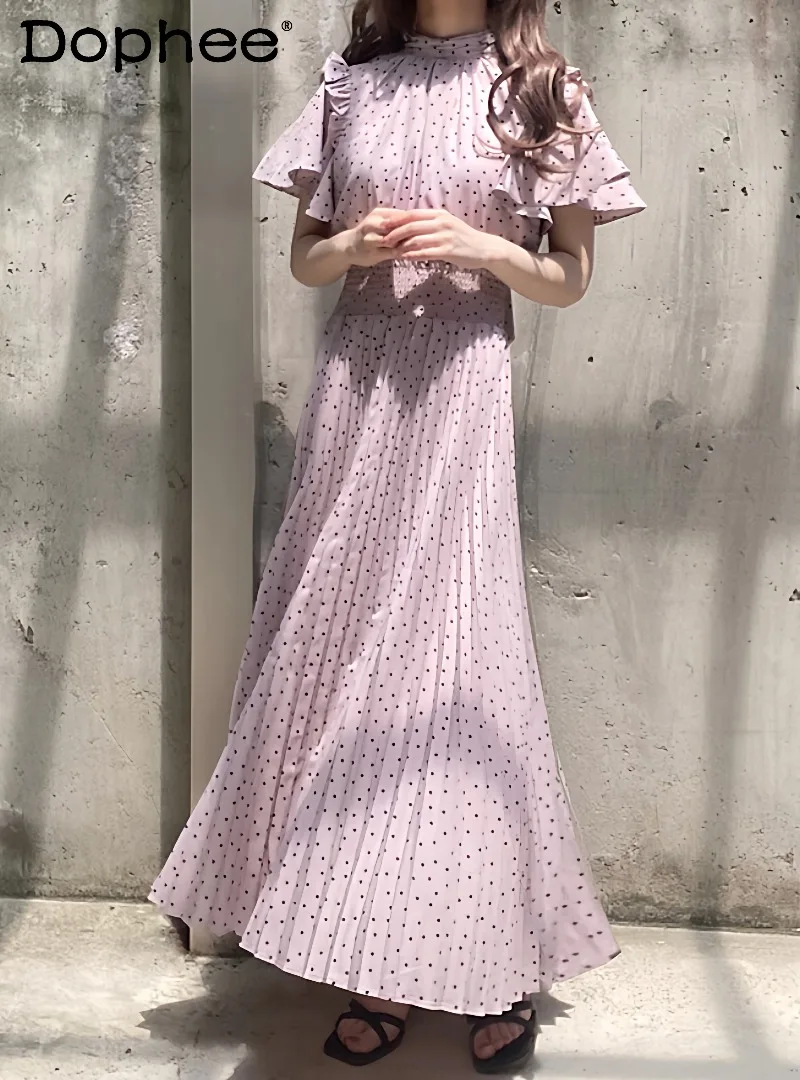 

Japanese Sweet Soft Girl Polka Dot Bow Pleated Dress 2026 Summer New Small Fly Sleeves High Waist Versatile Women's Long Dress
