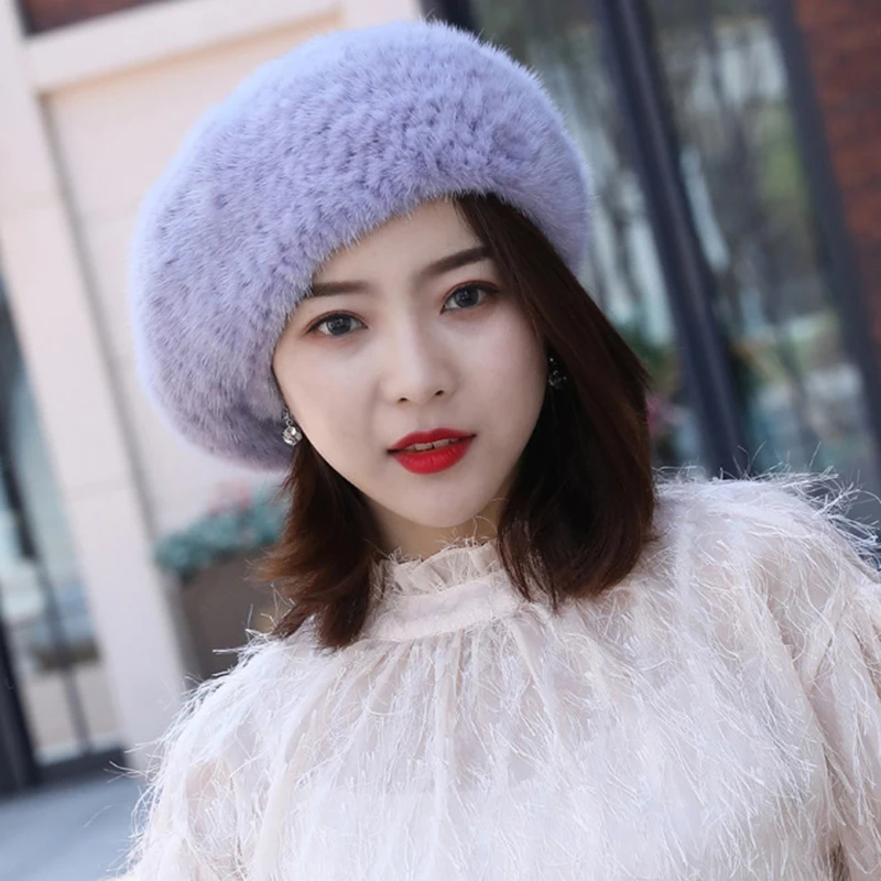 Real Mink Fur Berets Elegant Women\'s Winter Caps New Design Fashion Fur Hats Knitted Warm Natural Mink Fur Beanies Hat