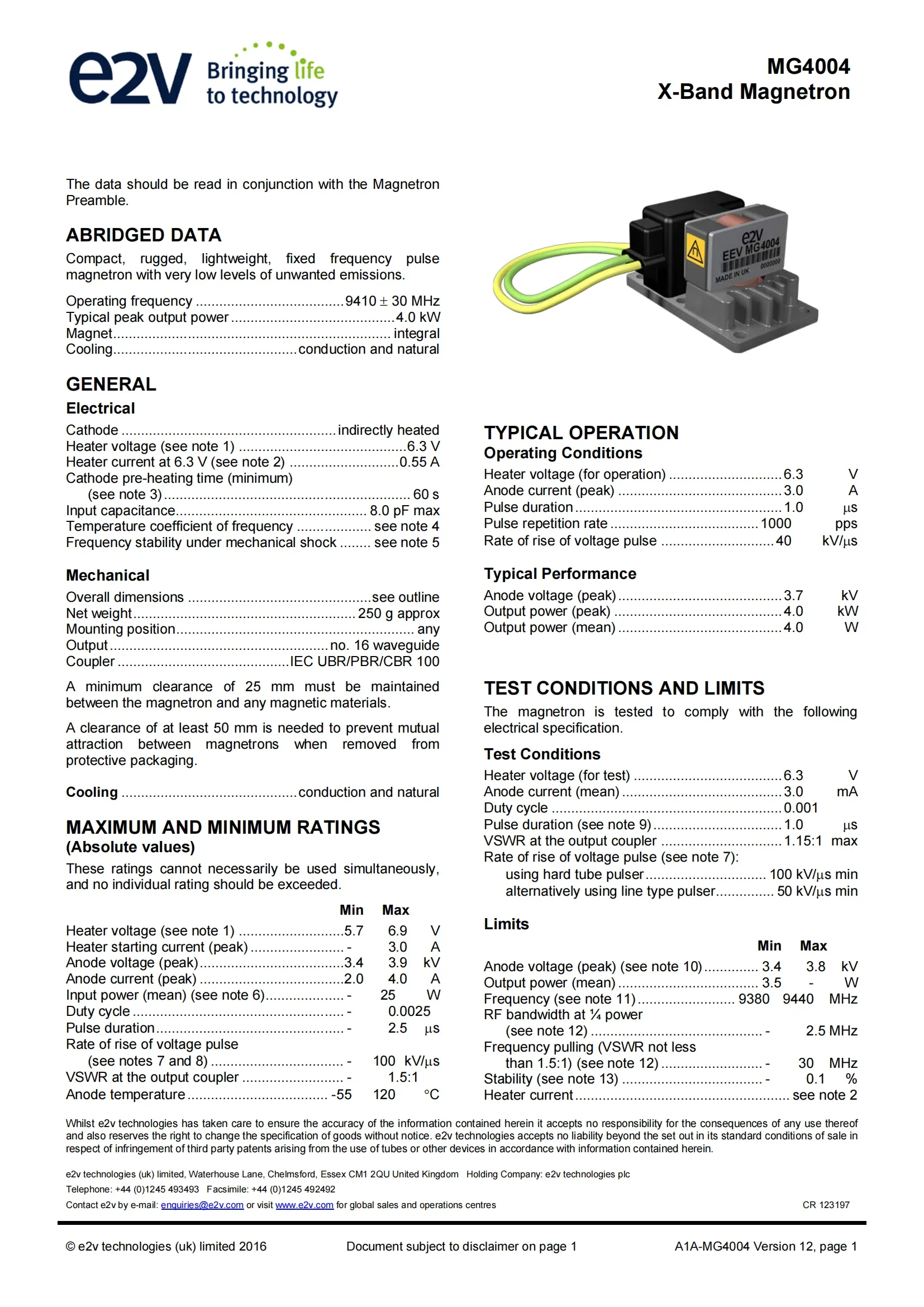 2026 EEV 4kW X-band radar Magnetron MG4004 with Best Price