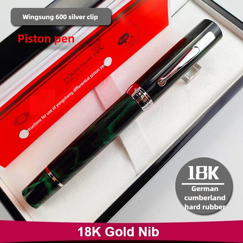 Limited Wingsung 600 Silver Clip 8# 18k Gold Nib Piston Fountain Pen Ebonite Cumberland Rigid Natural Rubber Long Knife Pen