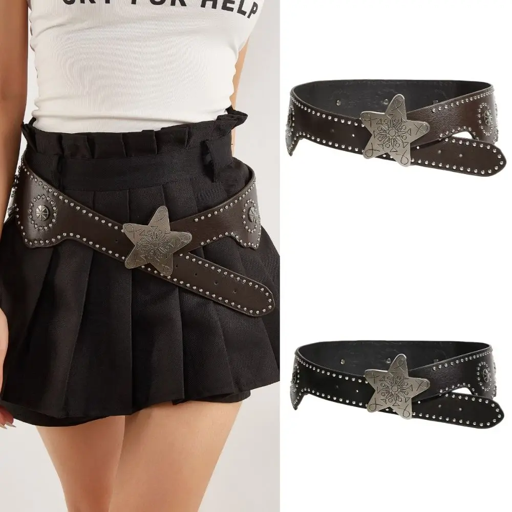 Multifunctional Star Buckle Belt Solid Color PU Leather Wide Waistband Adjustable Five-Pointed Star Buckle Waist Chain