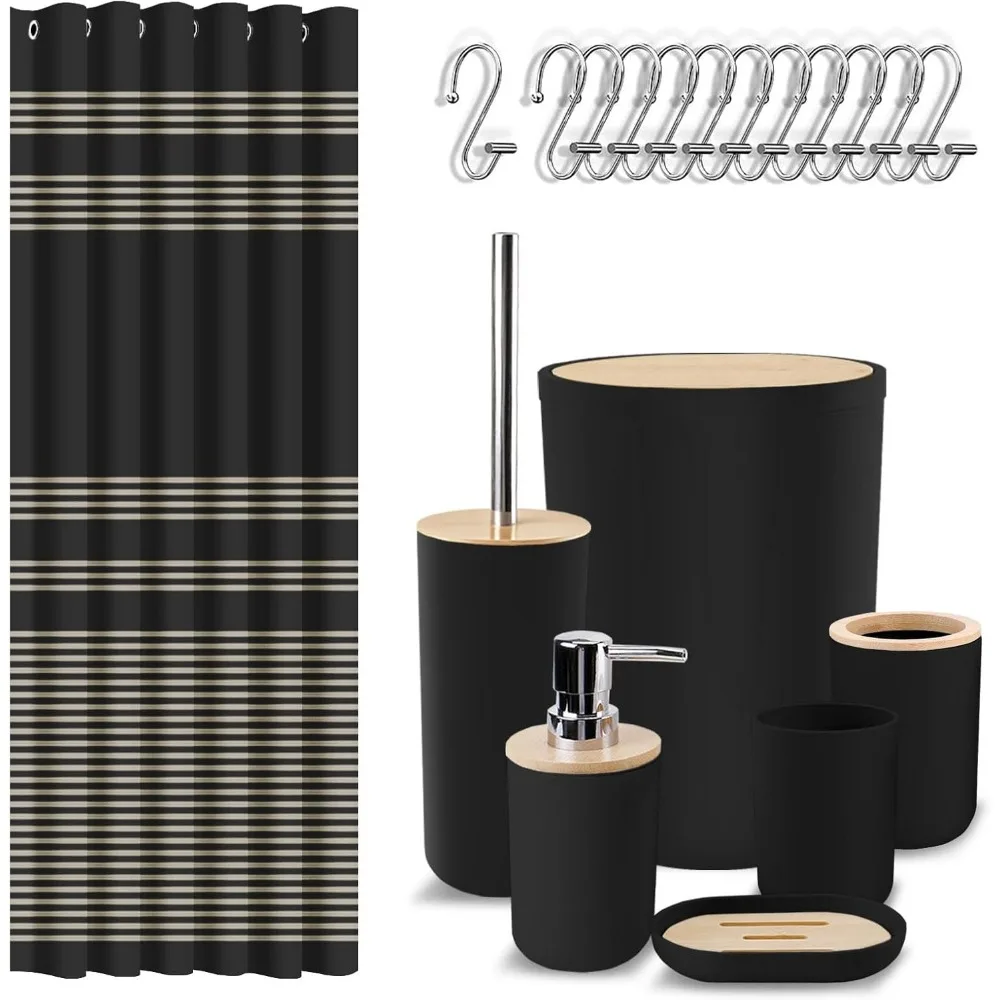 

Набор аксессуаров для ванной комнаты, черный набор занавесок для душа с мусорным баком, дозатором мыла, держателем щетки для унитаза, держателем для зубных щеток и т. д.