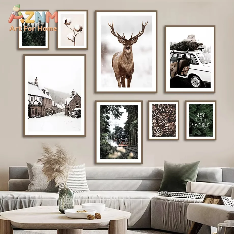 1PC Christmas Tree Train Red Stag Pine Cones Posters Minimalist Print Canvas Painting Wall Art for Living Room Modern Home Decor