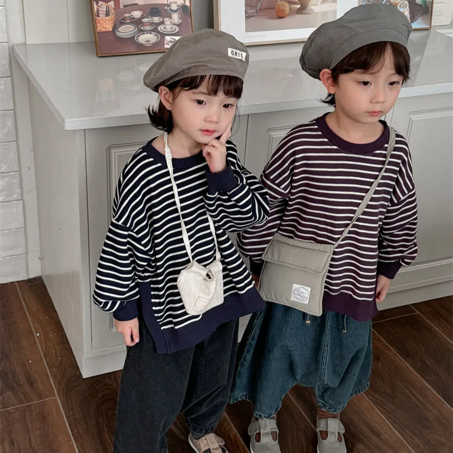 Kids T-shirts 2024 Childrens Autumn New Collection Striped Hoodie Baby Loose Open Fork Round Neck Pullover Top T-Shirts