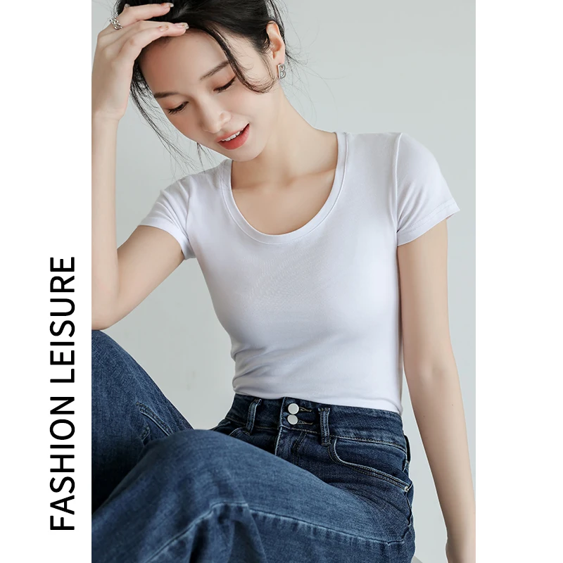 Women Soft Cotton T-shirt O-NECK Solid color Lady Tees Short Sleeve Summer Women\'s clothing All match Female T-shirts  Women Cot