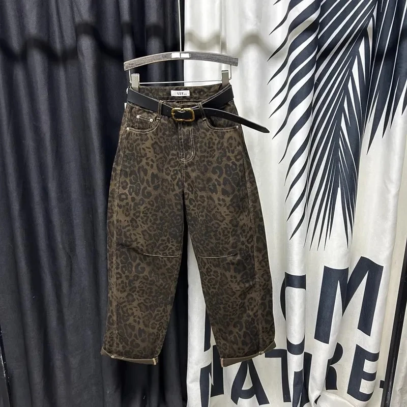 

Женские модные индивидуальные леопардовые широкие джинсы, осенние новые модные свободные модные джинсы в западном стиле с карманами и высокой талией