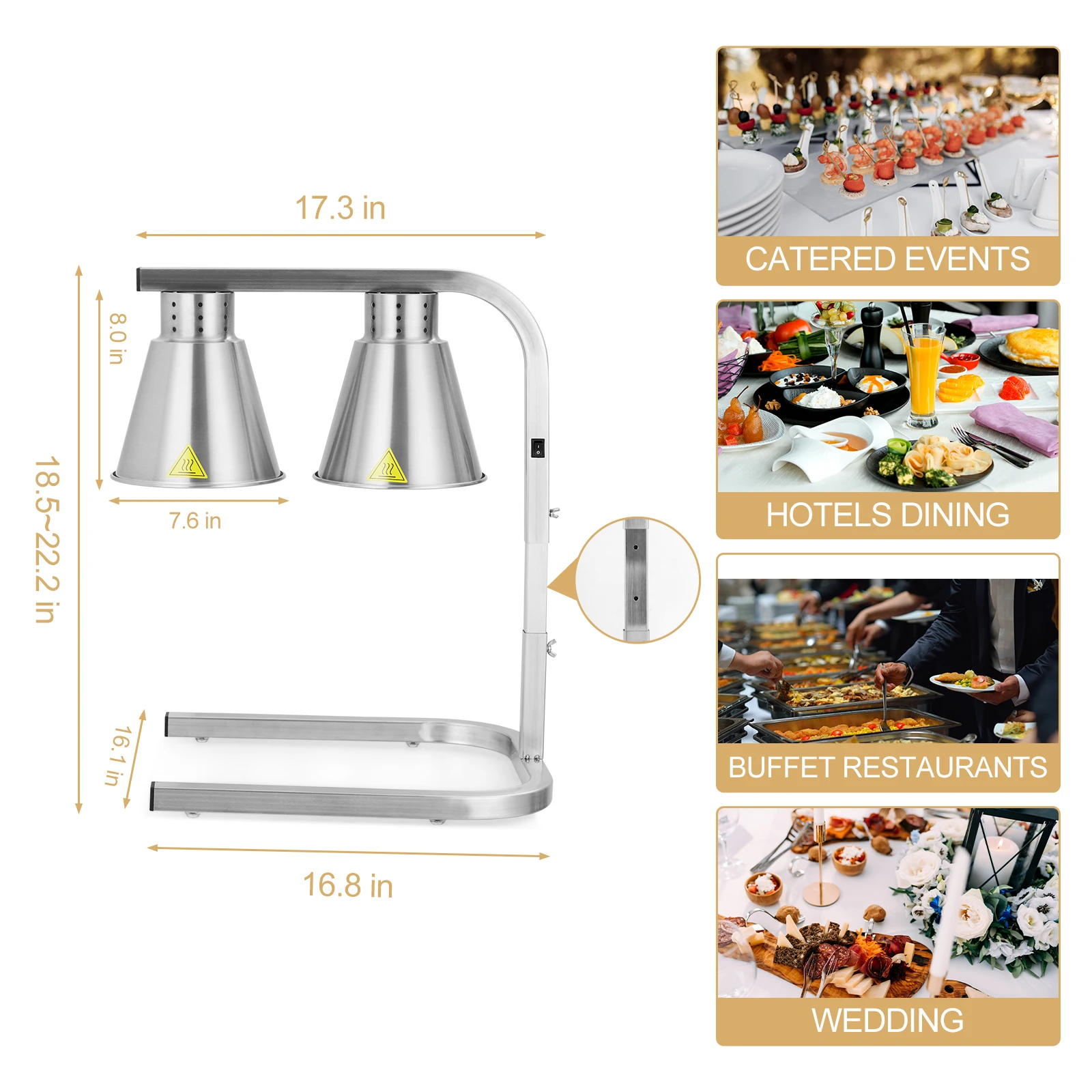 Food Heat Lamp with 2 Bulbs Free Standing 250w Commercial Food Service Heat Lamp Adjustable Height Fresh Food Lamp