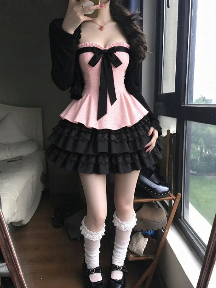 Kawaii Lace Spliced Bow Top and Mini Skirt 2Pcs Outfit Japanese Preppy Y2K Korean Retro American Subculture Sweet Matching Suit