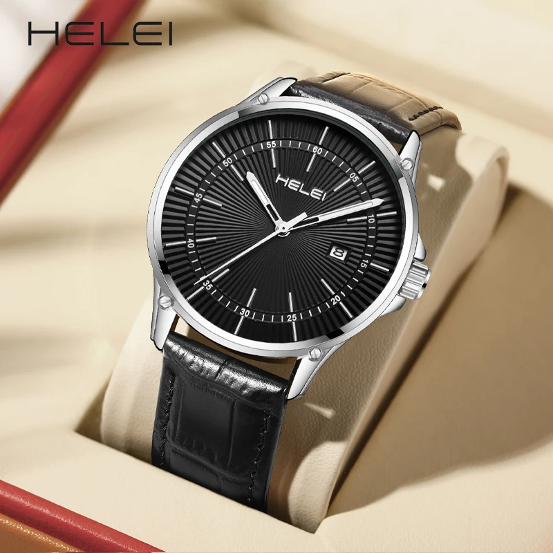 HELEI-relojes de cuarzo de lujo para hombre, pulsera de cuero, resistente al agua, de negocios, regalo