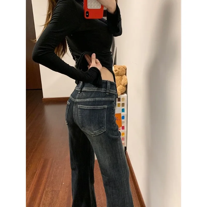 

145 Small Blue-gray Slightly Pulled Jeans Women's New Double-button Elastic High-waisted Thin Floor-mopping Bell Pants