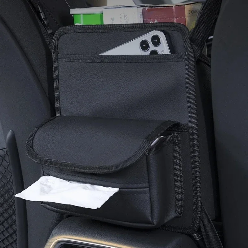 Car Seat Middle Hanger Leather Storage Bag Waterproof Car Hanging Organizer Handbag Holder Water Cup Pockets Tissue Storage Bag