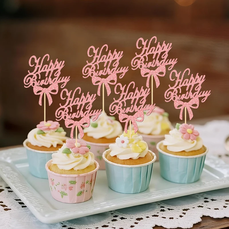 YOMDID 24 Stück Cupcake-Topper mit Schleife und Schriftzug „Happy Birthday“, Kuchenaufsätze für Hochzeit, Geburtstag, Dekorationen, Decoracion Cumpleaños – Detail 8