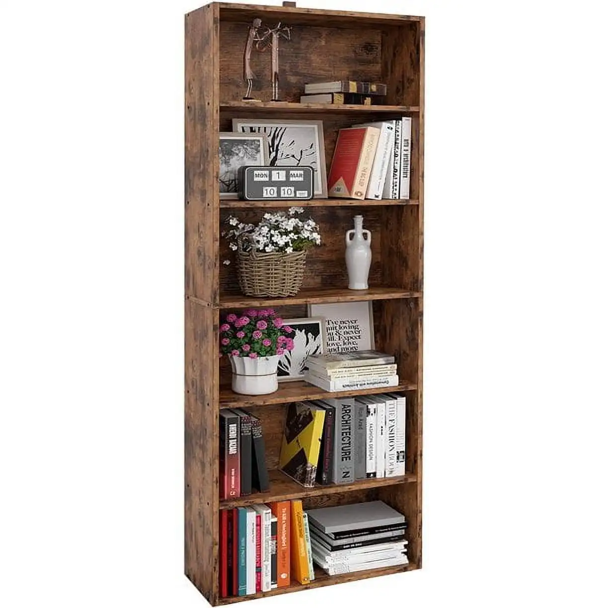 Bookcases Floor Standing 6 Tier Shelves 70in Tall for Home Office, Vintage Brown Living Room Cabinets