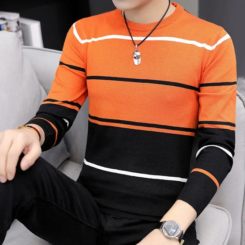 

2024 Men's Autumn round Neck Striped Colored Pullover Sweater Trendy Youth Slim Sweater