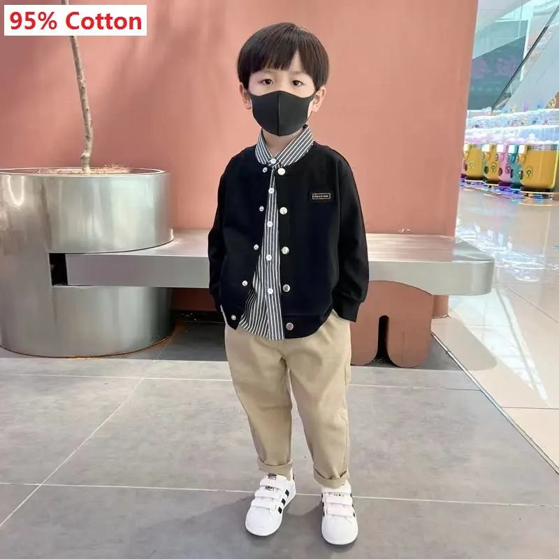 2024 Teens Boys Outfits Set Spring Autumn New Baby Black Single Breasted Knitted Coat+ Stripe Shirt+Khaki Pants 3pcs Casual Sets