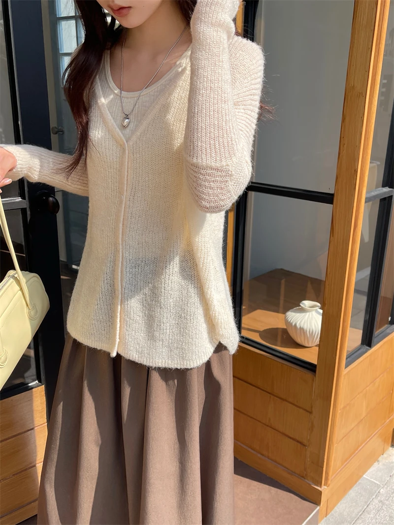 Advanced gentle slimming lazy knitted cardigan for spring and autumn new solid color v collar with sun protection on the outside