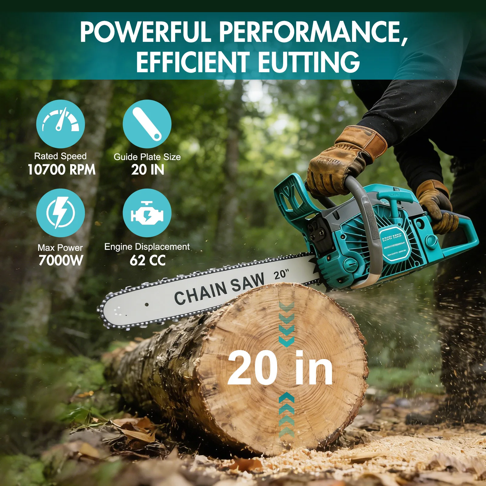 20-Inch Cordless Gasoline Chainsaw Handheld 10700 RPM 2-Stroke 62CC 3.4HP Outdoor for Farm/Ranch/Tree Pruning Wood Cutting Tool