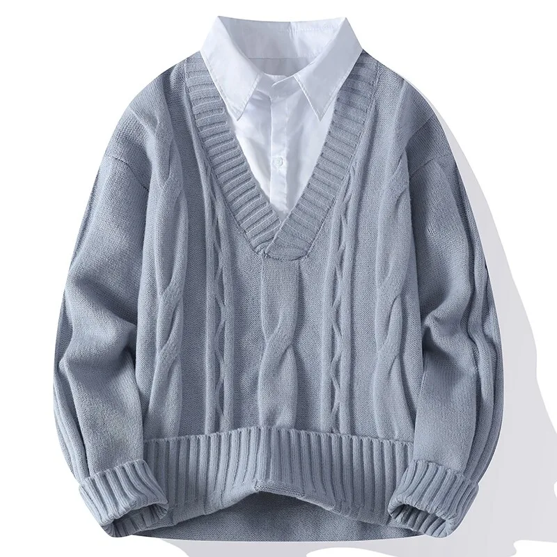 بلوفرات متماسكة مكونة من قطعتين سترة محبوكة غير رسمية للرجال موضة الخريف والشتاء نمط Preppy برقبة على شكل حرف v سترة تريكو متينة