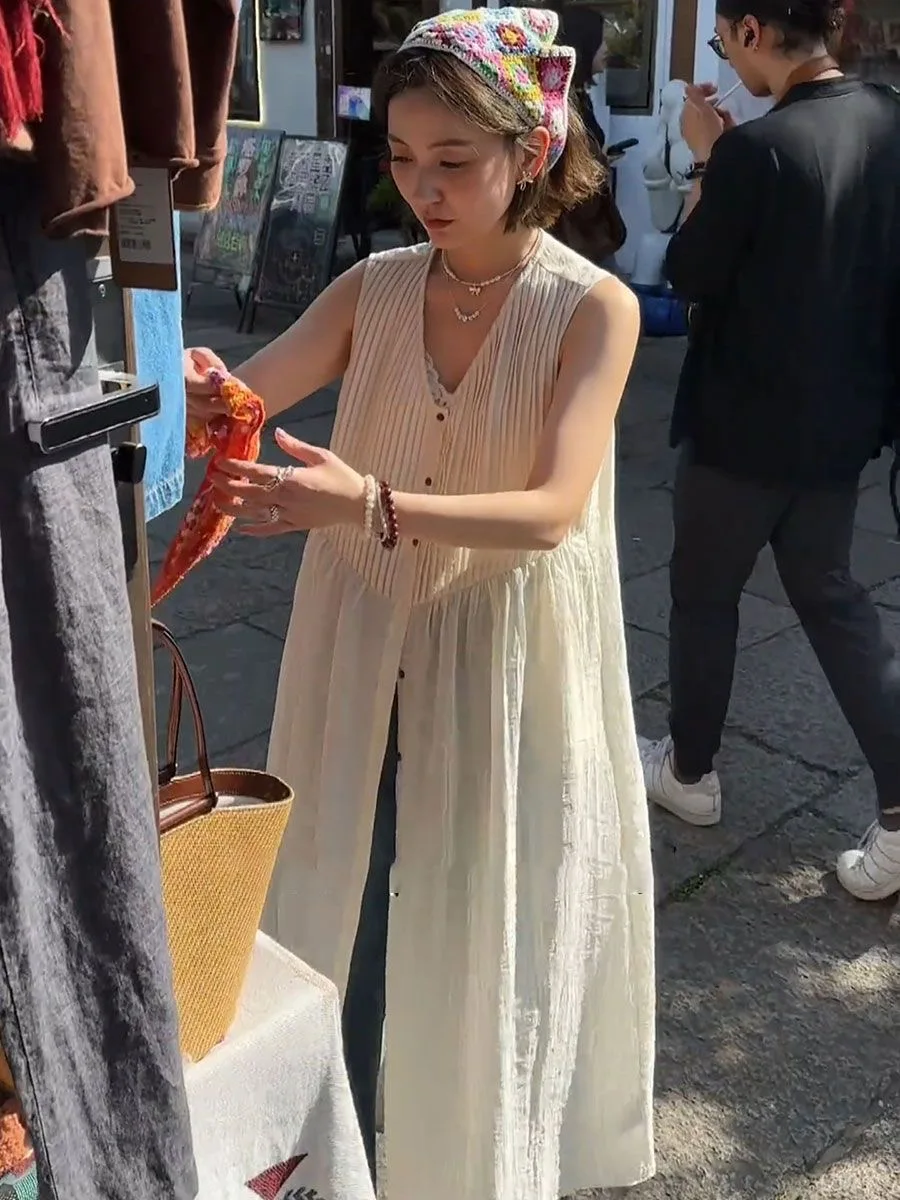 เสื้อกั๊กทรงหลวมพลีทยาวสไตล์เกาหลีสุดชิคสำหรับฤดูร้อนปี 2024  กระดุมผ่าหน้า ช่วยให้ดูผอมเพรียว เหมาะสำหรับใส่ไปทำงาน