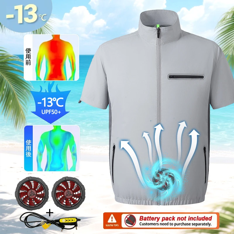 

Summer cooling device - Air conditioning suit with large capacity fan. Workwear. Refrigeration clothing. Construction site / out