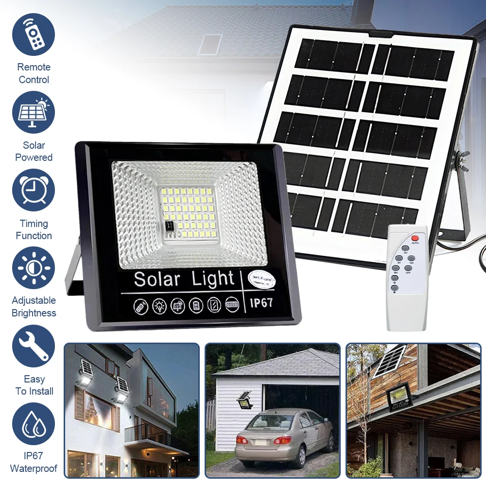 

Luces de inundación solares de 30W/60W/100W200W, foco alimentado por Control remoto, impermeable para exteriores, IP67, lámpara