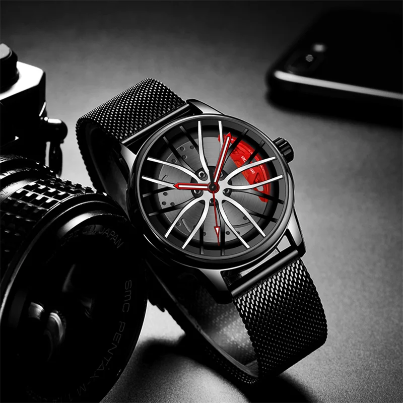 BORUSE Fashion Men\'s Car Wheel Watches Luminous Clock Luxury Men Mesh Belt Waterproof Quartz Watch relogio masculino