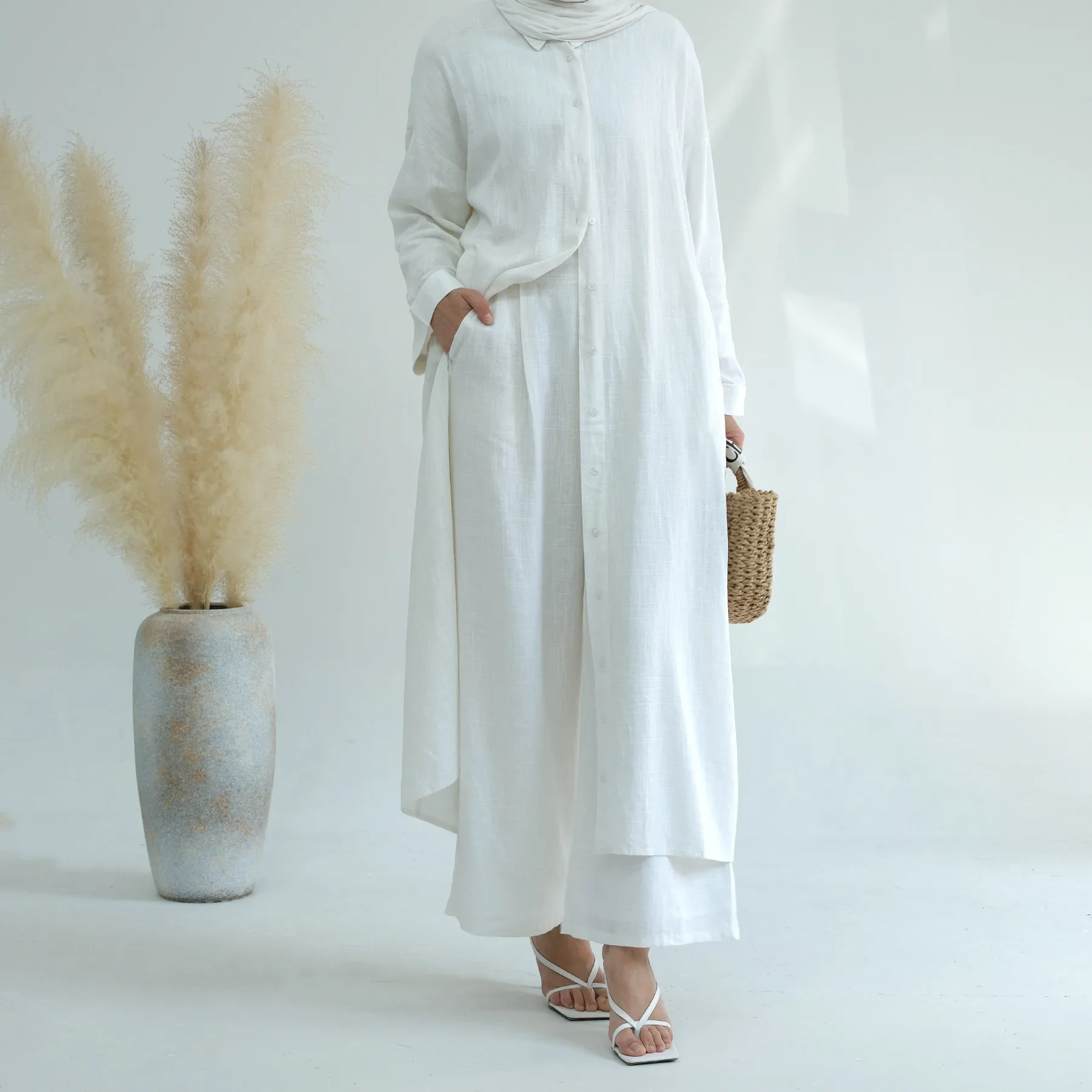 

Modest Muslim Sets Women Button Long Dress Kimono Pants 2 Piece Abaya Dubai Kaftan Turkey Outfits Kebaya Islam Clothing Ramadan