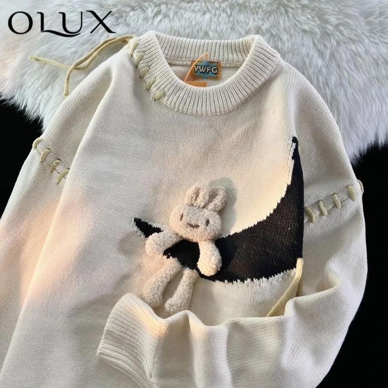 Men Women Cute 3D Rabbit Moon Sweater Pullovers for Girls Varsity Harajuku Casual Loose Jumpers Autumn Winter Couples Kawaii Top