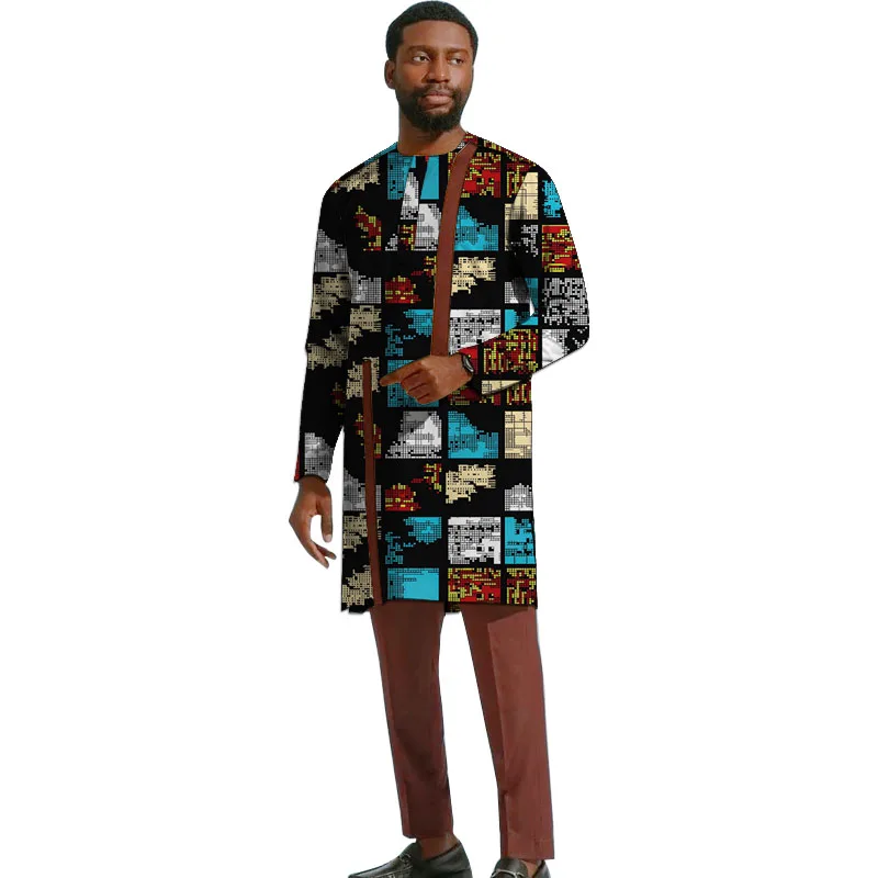 African Couture Men's Set Patchwork Tops With Brown Pants Nigerian Fashion Tailor Made Traditional Costume