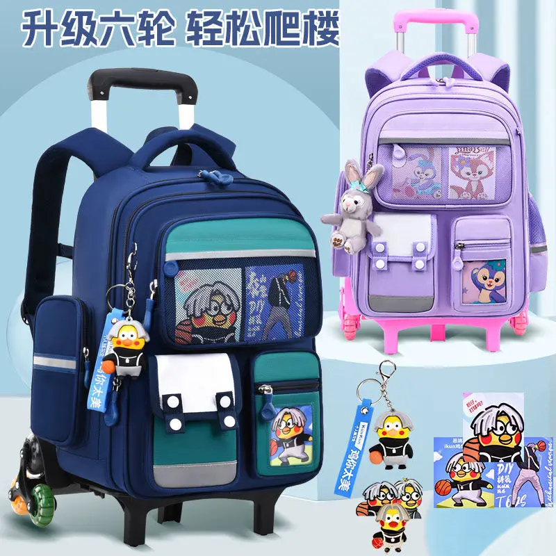 

2024 New Pull Rod Backpack For Elementary School Students Climbing Stairs Waterproof Backpack With Large Capaci Schoolbag Gift