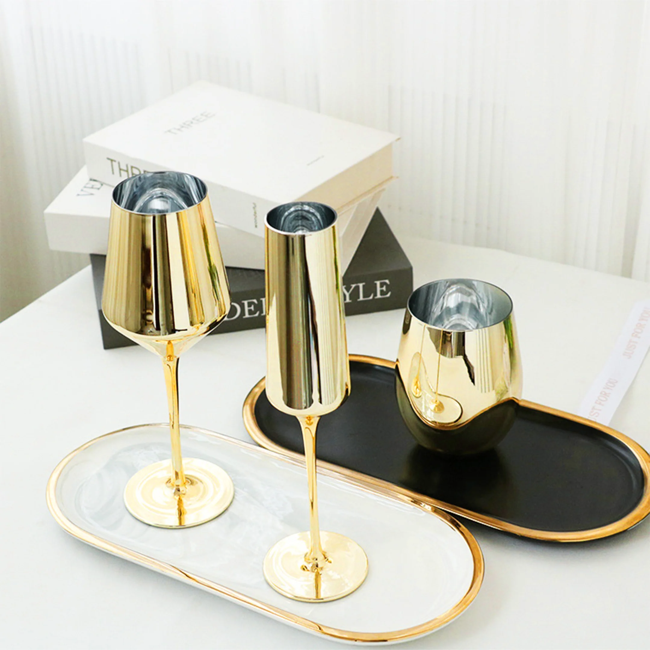 Vintage Luxury Gold Colored Champagne Glass Goblets Water Cup Lead Free Crystal Reusable Wine Glass Set