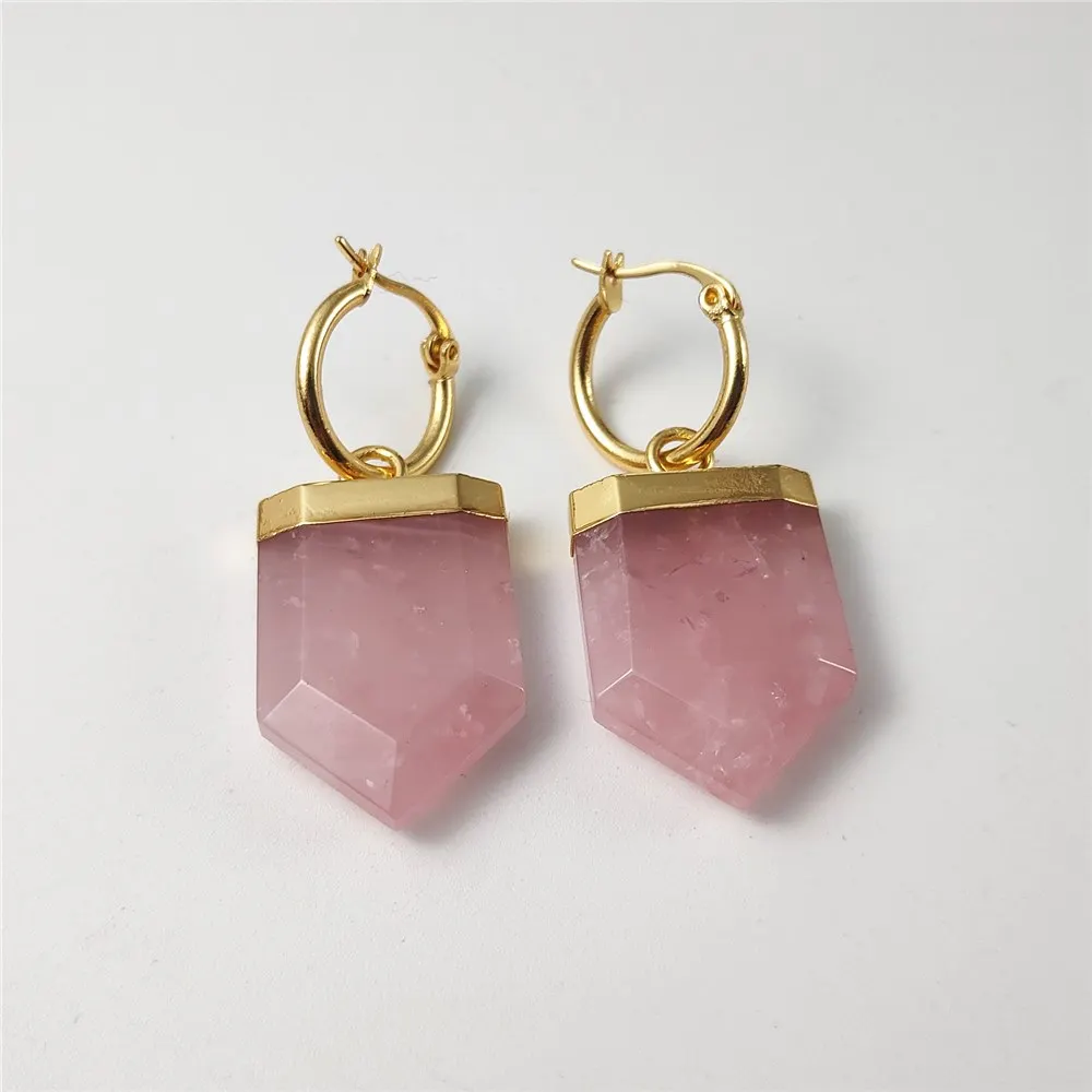 

FUWO Wholesale Natural Rose Quartzs Earrings,Golden Handmade Crystal Semiprecious Gems Jewelry For Women ER422 5Pairs/Lot