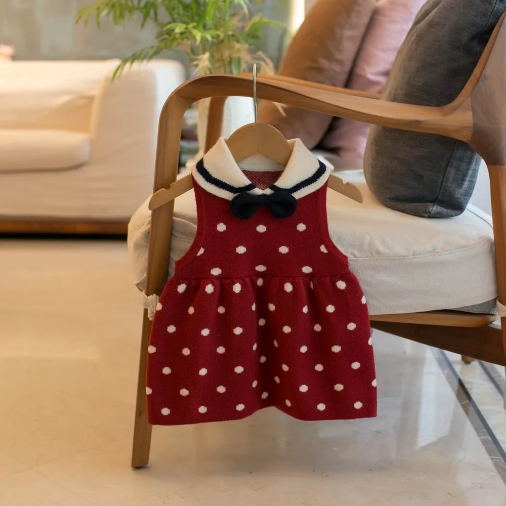 Girls Knit Pinafore Dress Autumn Winter Lapel Collar Thick Polka Dot Bow Kids Jumper Dress 80-120cm
