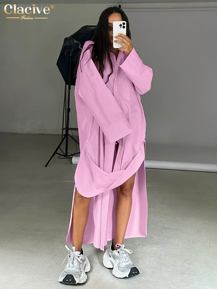 

Clacive Fashion Loose Pink Cotton Women's Dress 2025 Casual Lapel Long Sleeve Ankle Length Dresses Elegant Classic Female Dress