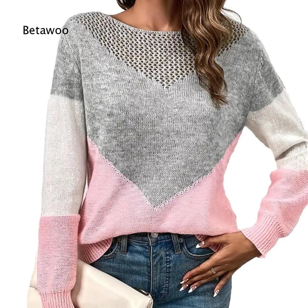 Boat Neck Hollow Out Knit Pullover For Women Color Block Long Sleeve Loose Knitwear For Relaxed Autumn Daily Occasions