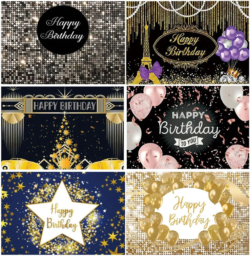 

Balloons Adult Birthday Party Shiny Stars Backdrops Golden Photography Decor Custom Eiffel Tower Backgrounds Photocall Banner