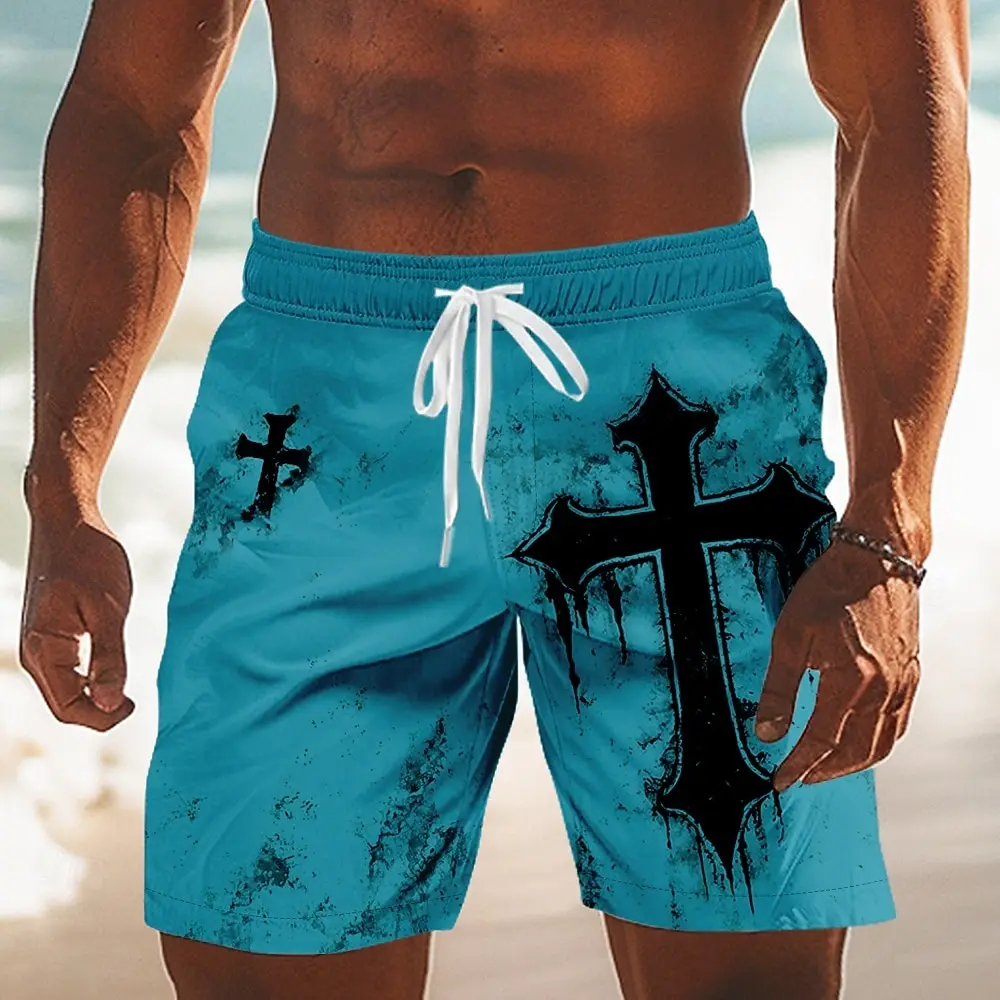 Men's Cross Religion Printed Board Shorts, Mid Waist Retro Drawstring Swim Trunks with Side Pockets, Daily Vacation Wear Summer
